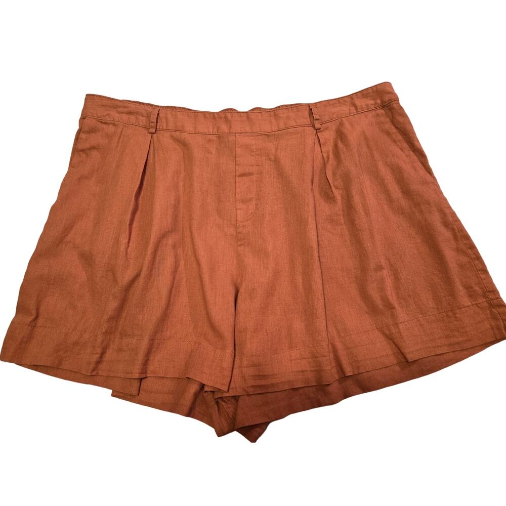 Sz 20/22W AVA & VIV Burnt Orange Hi-waist Linen/Cotton Pleated Pull-on Shorts